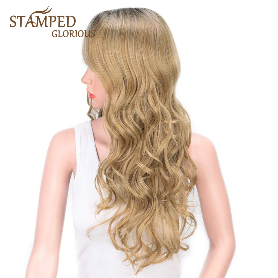 

Stamped Glorious Wave Wig With Bangs Synthetic Ombre Black Blonde Wig for Women Lace Front Wig High Temperature Fiber