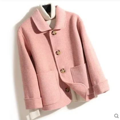 Женская укороченная куртка, шерстяная куртка для верховой езды, Кашемировое короткое длинное пальто, женское приталенное популярное шерстяное пальто, осенняя куртка, верхняя одежда - Цвет: short check pink