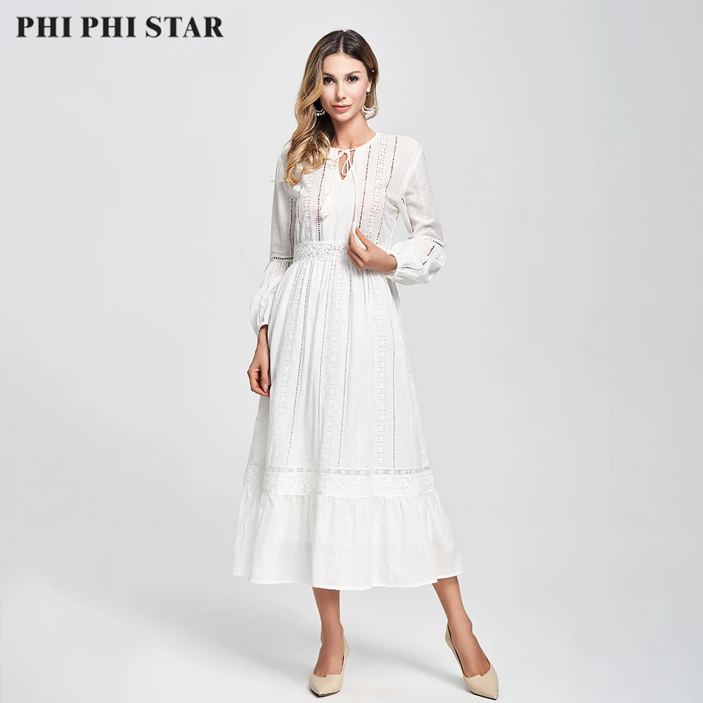 

Phi Phi Star Brand Vintage women's white long dress autumn bow tie lace ruffled long dress