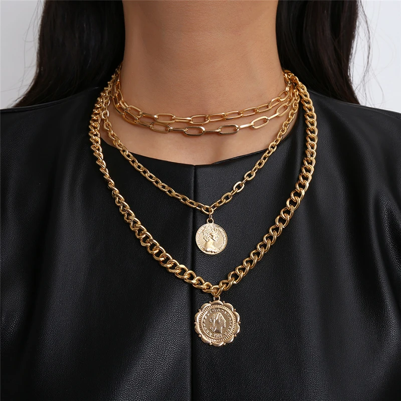 

Fashion Multi Layer Coin Portrait Pendants Necklaces For Women Gold Metal Coin Necklace New Design Jewelry Gift Choker Pendant