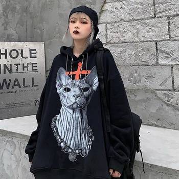 

Women Fashion Korea Style Vintage Oversized Cartoon Printing Hooded Long Sleeve Fleece Lined Warm Female Casual Chic Sweatshirt