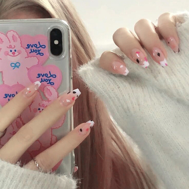 Detachable False Nails French with Black Line Fake Nails Full Cover Nail Art Tips Press on Nails with Glue Manicure Tools