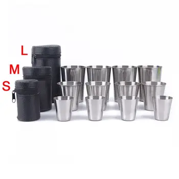 Outdoor Camping Cup Tableware 30ml/70ml/170ml Travel Cups Set Stainless Steel Cover Mug Drinking Coffee Tea Beer With Case 1