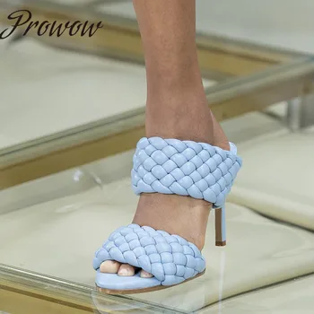 

Prowow stiletto Women Mules woven knit Leather Peep toe high heel Shoes Woman Madame High heel Slippers point toe Slides Women