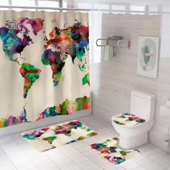 

Color Abstract World Flat Map Printing Bathroom Four-piece Toilet Cushion Carpet with Hooks Shower Curtain Bathroom Accessories