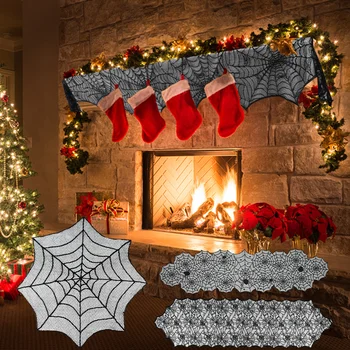 

1pc Halloween Party Decoration Black Spider Web Lace Tablecloth Halloween Christmas Party Table Fireplace Curtain Decor Supplies
