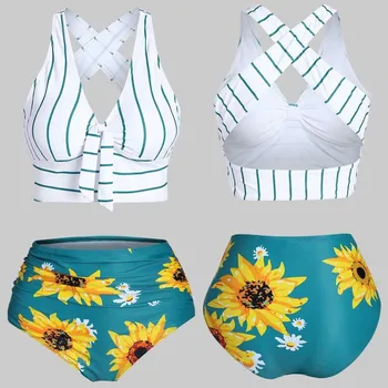 

Women's Swimming Suit Bikini Swimsuit Swimwear Women Pushup Pad Plus Size Overlay Sunflower Print Bikini Beach Bathing Suit