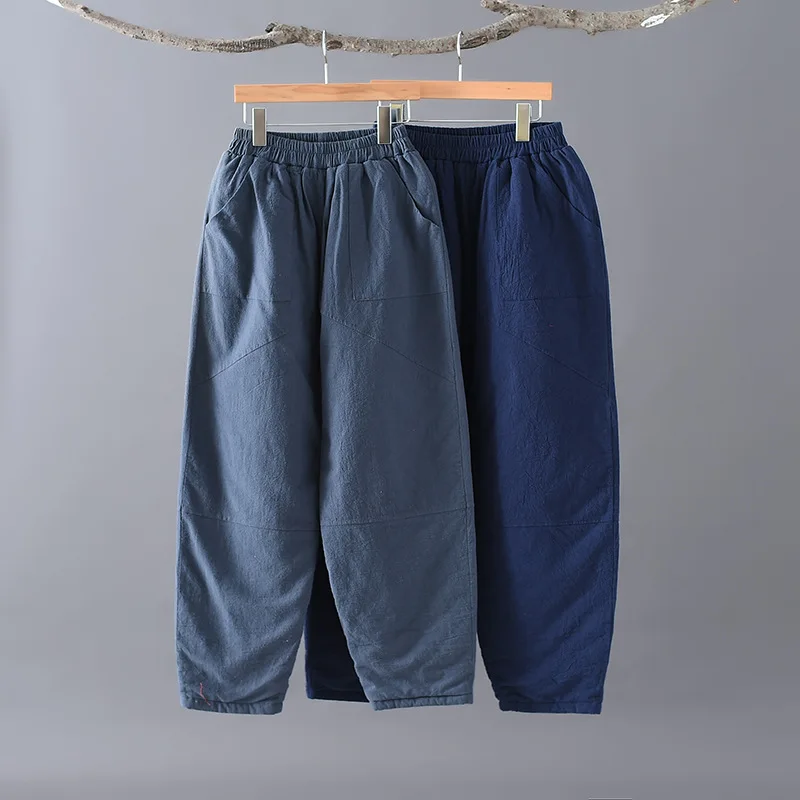 Women Autumn Winter Patchwork Elastic Waist Pants Ladies Vintage Spliced Retro Pants Female Cotton Linen Trousers
