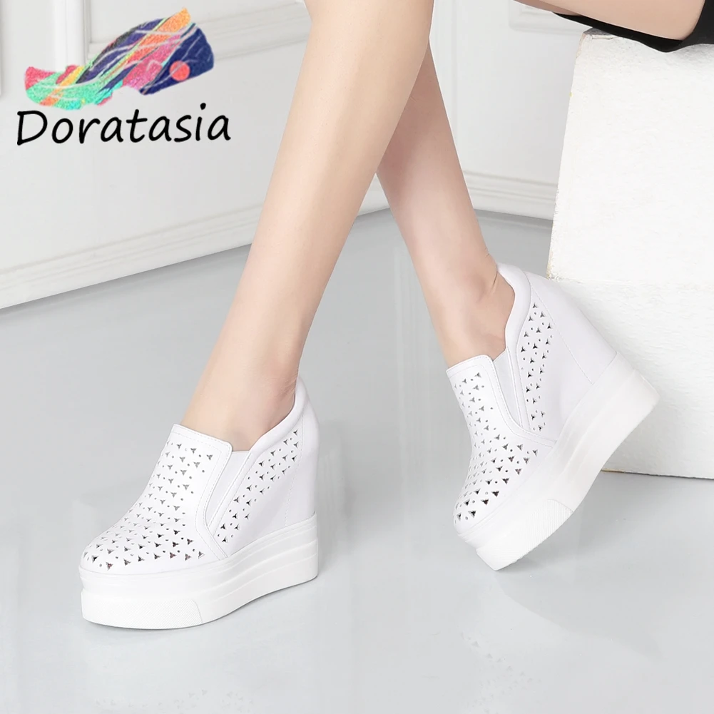 

DORATASIA Fashion Women Genuine Leather Hollow Out Spring Slip On Shoes Increasing Height Pumps Women Spring Pumps