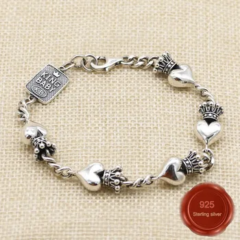 

B46 S925 Sterling Silver Bracelet Personality Fashion Retro Features Punk Hip-hop Style Heart Crown Letter Creative Shape
