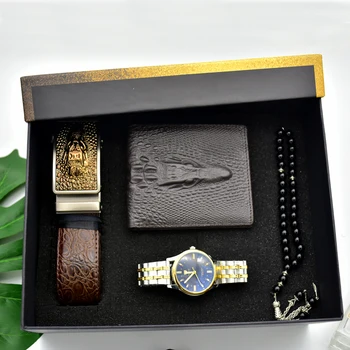 

Luxury Men Gifts Set Fashion Men Stainless Steel Watch Top Quality Belt Folding wallet Men's Rosary Bracelet For Father's Men