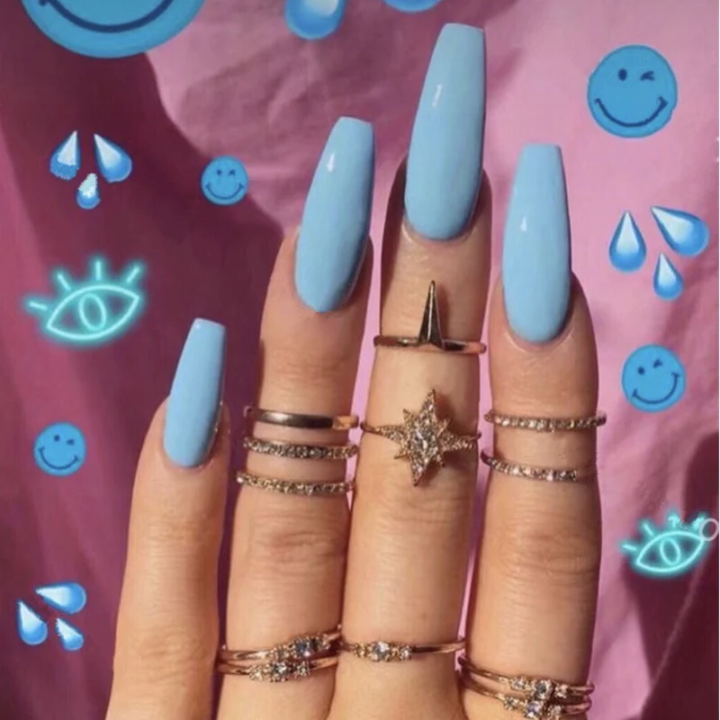 

24pcs/set nail tips long Sweet Nail-finished Stickers Square Head Full Cover Women Manicure Blue design nail tips with2g Glue