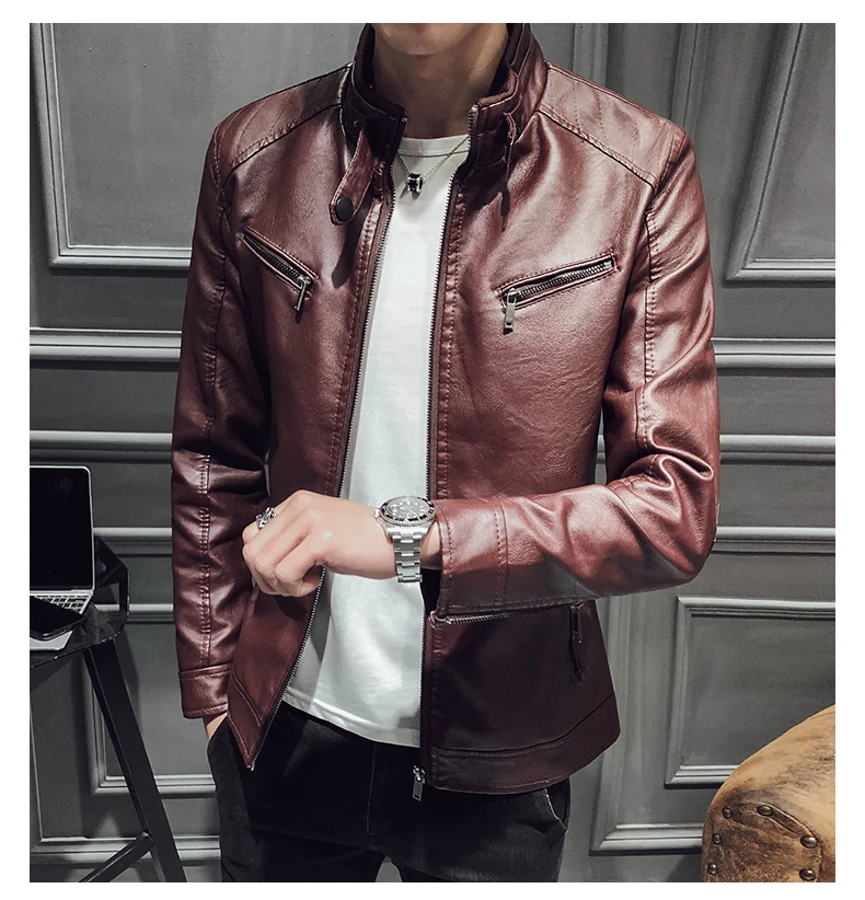 AliExpress, новинка, Стильное мужское модное кожаное пальто, трендовая мужская повседневная кожаная куртка со стоячим воротником