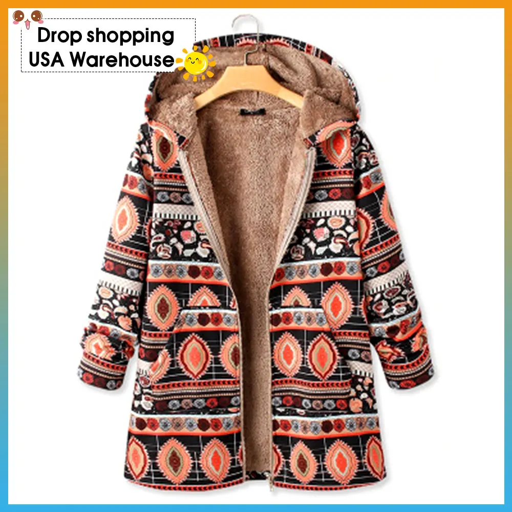 

Fashion 2020 Winter Vintage Printed Hooded Zip-up Jacket Women's Warm Casual Cotton-Padded winter hoodie jacket casual coat