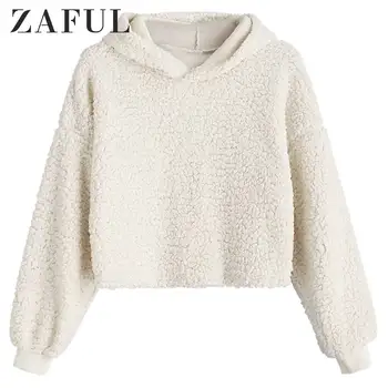 

ZAFUL Winter Hooded Fluffy Hoodie For Women Solid Color Long Sleeve Drop Shoulder Pullovers Female Warm Tops Newest 2019