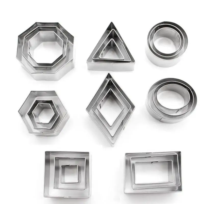 24pcs Geometry Shape Cookie Cutters Molds Stainless Steel Fruit Cutters Baking Molds for Home Kitchen Bakery with Iron Box