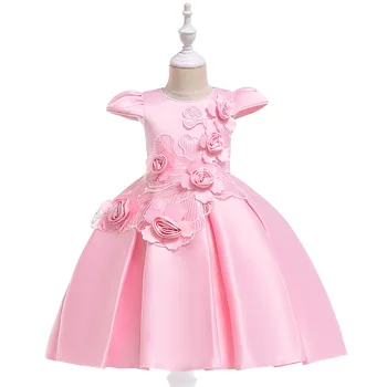 

Children Party Clothes Sky Blue Red Fuchsia Pink Flower Girl Dress Floral Applique Wedding Dress for Girl Kids