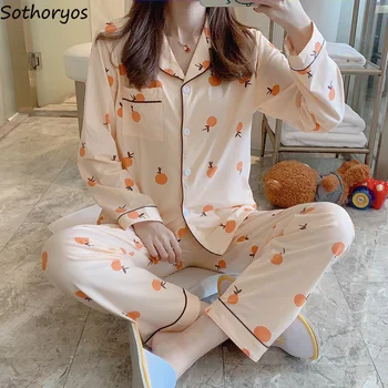 

Pajama Sets Women Long Sleeve Pocket Printed Leisure Sweet Womens Loose Breathable Elegant Korean Style Home Wear Sleepwear New