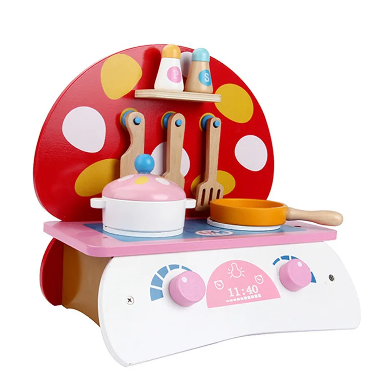  Wooden Play House Children Kitchen Stove Toy Set Little Girl Cook Mushroom Stove Model Kitchenware - 4000460133423