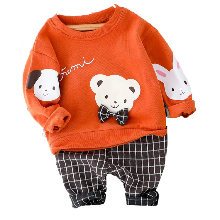 Детский мультяшный медведь, комплект одежды для детей для девочек и мальчиков Новое поступление модный топ и штаны в клетку Для детей 1, 2, 3, 4 лет - Цвет: Orange No Shoes