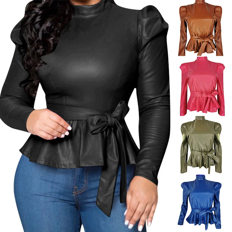 

S-XXL Women Faux Leather PU Tee Top Long Sleeve Turtleneck Slim Sexy T-shirts Office Ladies Ruffle Hem Tops Christmas Party