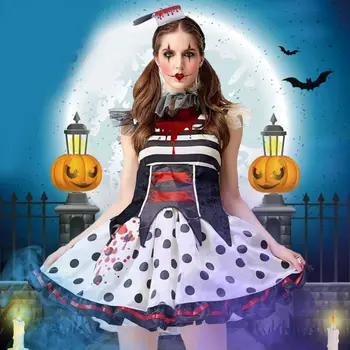 

Women Halloween Scary Bloody Clown Tutu Dress with Knife Headband Collar Striped Polka Dot Circus Zombie Cosplay Costume