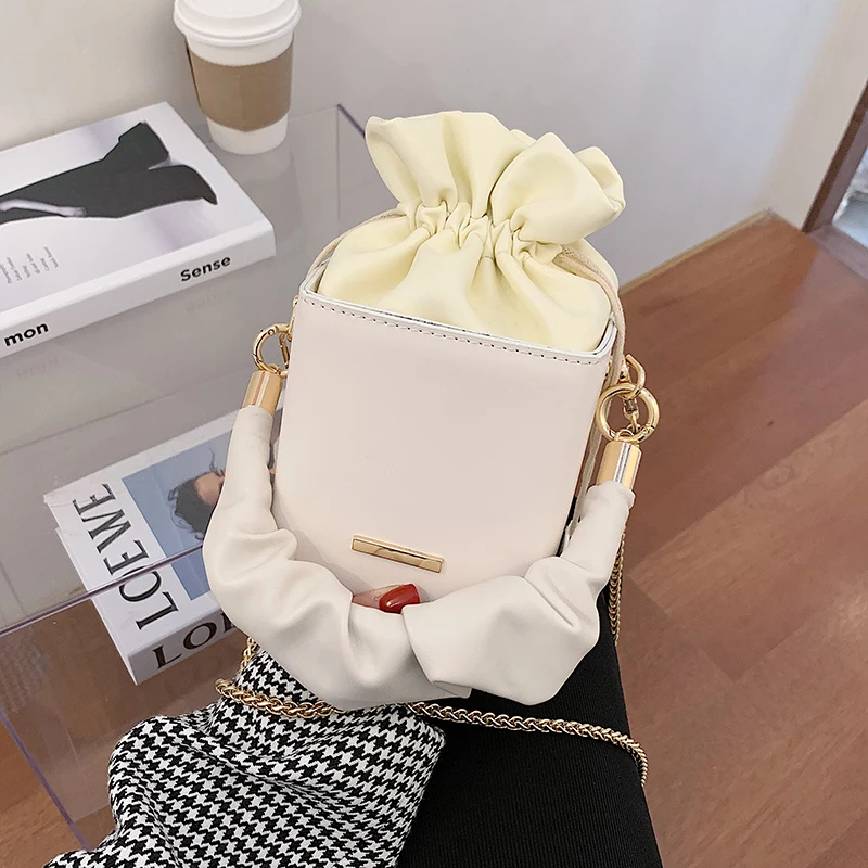 

PU Leather Crossbody Bags For Women 2020 Box Shape Drawstring Sweet Shoulder Handbags Female Travel Chain Cross Body Bag