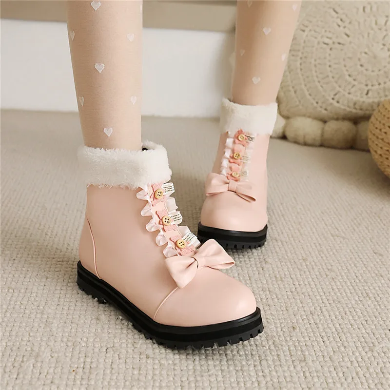 

YQBTDL Bow JK Cosplay Girl Lolita Shoes Womens Ankle Boots Fur Side Zipper Fur Pink Black White Princess Shorty Botas Size 34-43