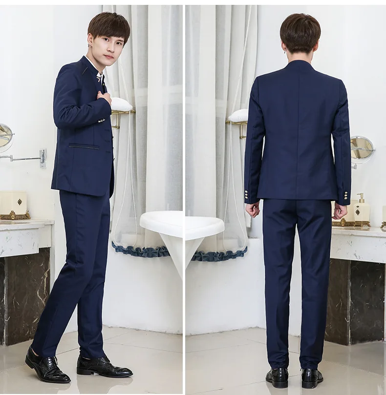 Весенний стиль мужской костюм корейский стиль Slim Fit мужской костюм со стоячим воротником Piece кусок комплект поколение жира