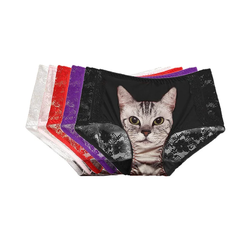 Sexy Cats Women's Underwear Lace Patchwork Cute Printing Briefs Ultra-Slim Panties Cozy Female Underwear Breathable hc