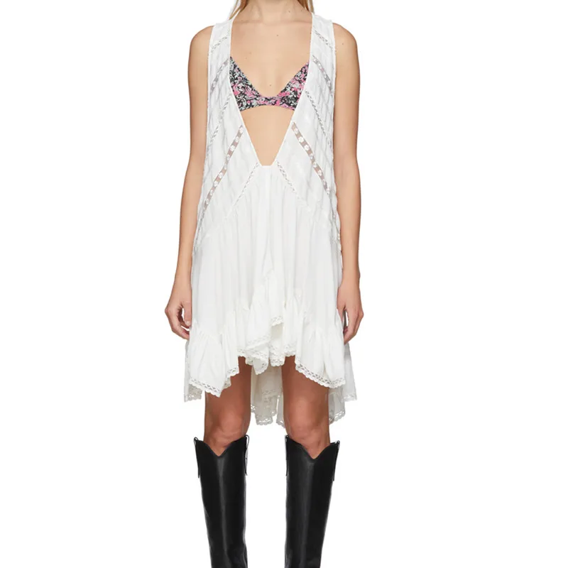 Women Lace Stitching Short Sling Dress Sleeveless White Hollow out Deep V Ruffles Asymmetrical Mini Robes Fashion | Женская одежда