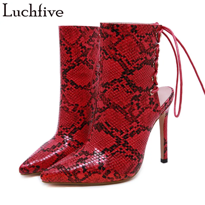 

Sexy Thin High Heels Ankle Boots For Women Snake Pattern Lace Up Short Boots Pointy Toe Red Shoes Woman Runaway Women Boots