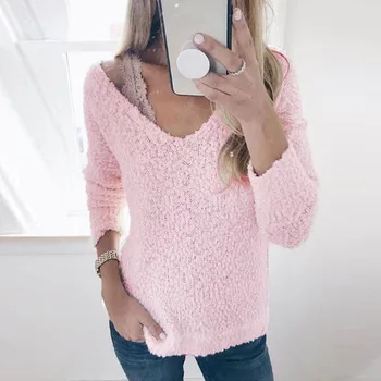

Autumn 2019 V-Neck Long Sleeve Solid Color Pullovers White Pink Hairy Sweater Womens Sweater Korean Top