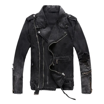 

Spring Autumn Charcoal gray Homme New Long sleeve lapel Denim Jacket Men Warm Brand Coat Parka Punk Metal Zipper Personality