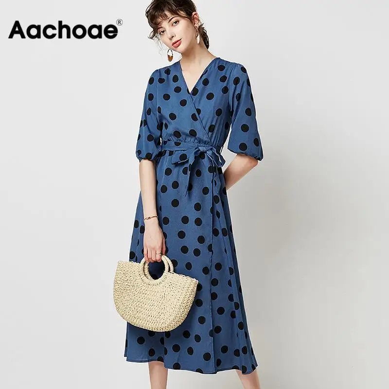 Aachoae 2020 Elegant Polka Dot Long Women Dress Autumn Lantern Half Sleeve Casual Sashes Dress Sexy V Neck Midi Party Dresses Aachoae 2020 Elegant Polka Dot Long Women Dress Autumn Lantern Half Sleeve Casual Sashes Dress Sexy V Neck Midi Party Dresses
