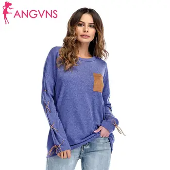 

Women O Neck Long Sleeve Lacing Up Casual Autumn Solid Fashion Slim up up design T-shirt Top
