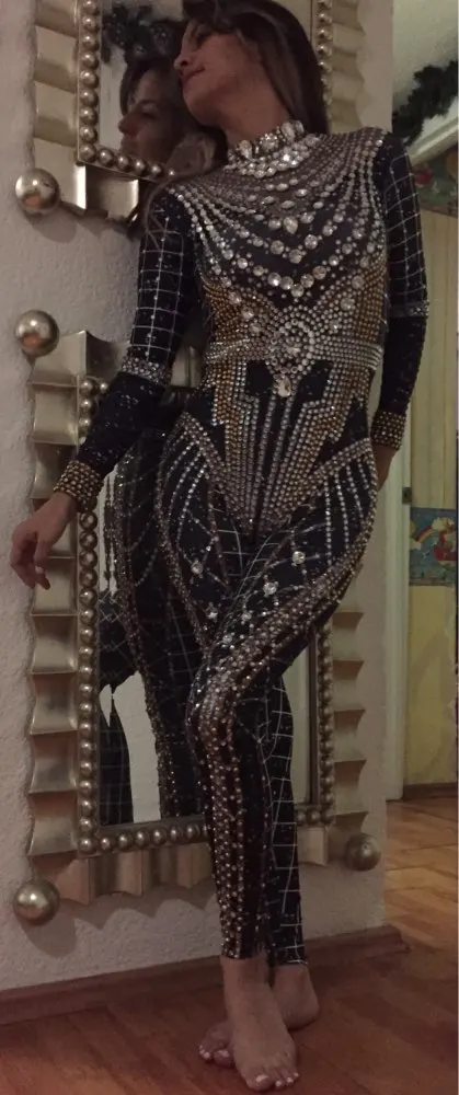 Sparkly Rhinestone Crystal Jumpsuit Women Long Sleeve Spandex Nightclub Bar Prom Party Outfit  Singer Jazz Dance Stage Costume