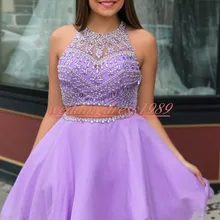 Бледно-лиловый Двойка Короткие бальные платья с бисером Кристальный Тюль оборками клуба коктейльные вечерние платье платья для выпускного вечера