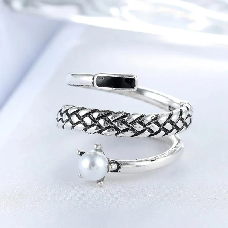 

Hot 925 Sterling Thai Silver Rings European and American Three-layer Pearl Ring Fashion Trend Fine Jewelry Accessories Gift