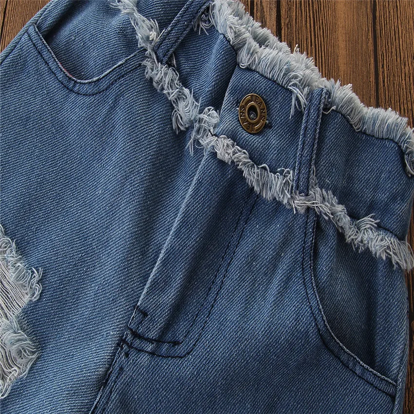 Комплект детской одежды для маленьких девочек футболка с длинными рукавами+ джинсы с дырками комплект осенней одежды для девочек, C850