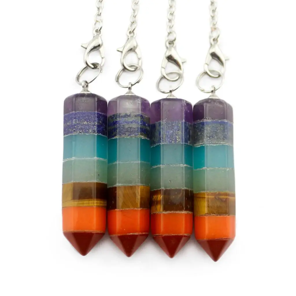 Rainbow 7 Chakra Natural Gemstone Crystal Wand Dowsing Divination Pendulum