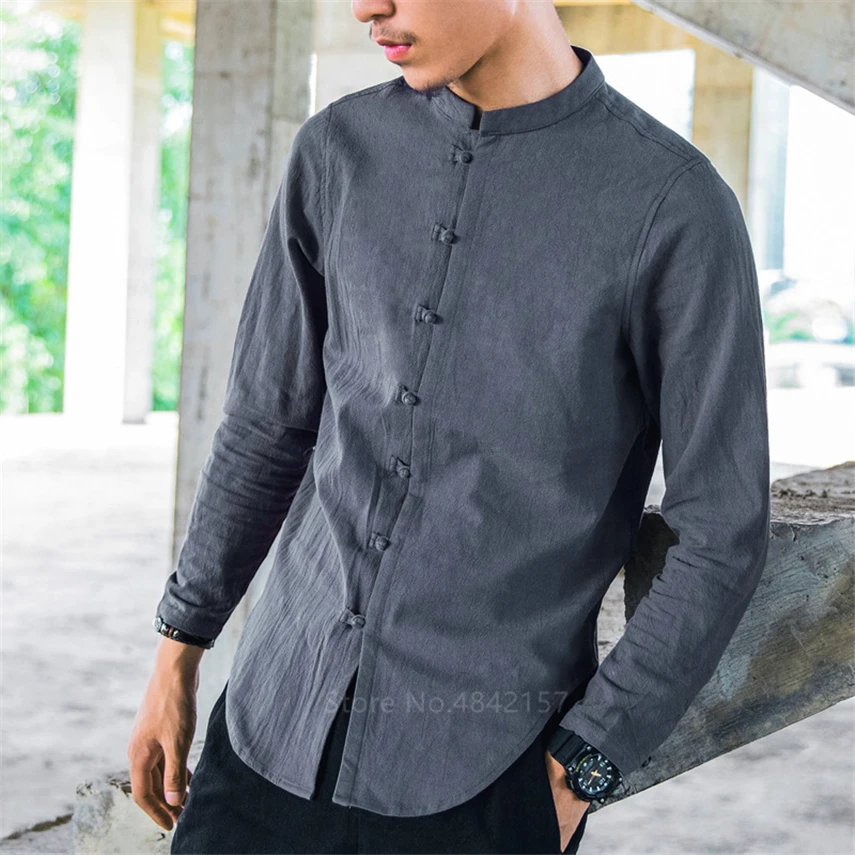 

2020 Chinese Shirt Man Retro Long Sleeve Traditional 8Colors Stand Collar Tops Vintage Linen Autumn Casual Kung Fu Clothes