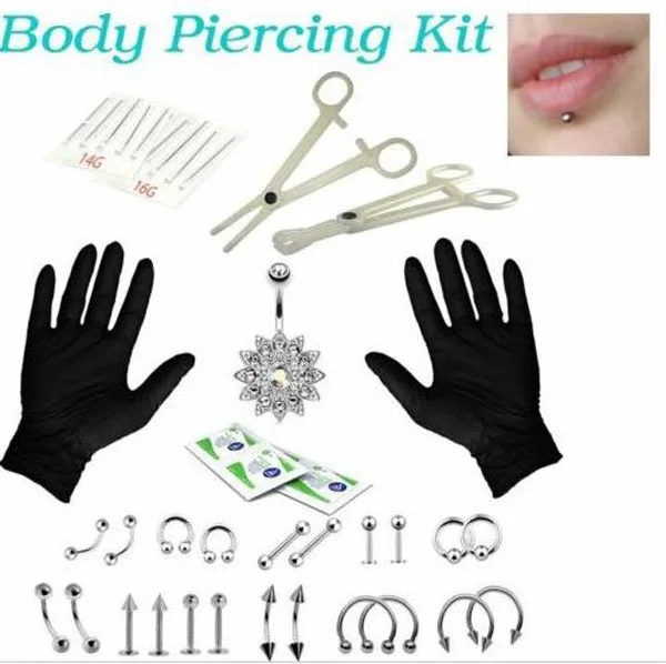 Piercing Jewelry Needles Kit Sex Belly Tongue Eyebrow Nipple Lip Nose Disposable Tool Sets Hot 41pcs / Set | Украшения и