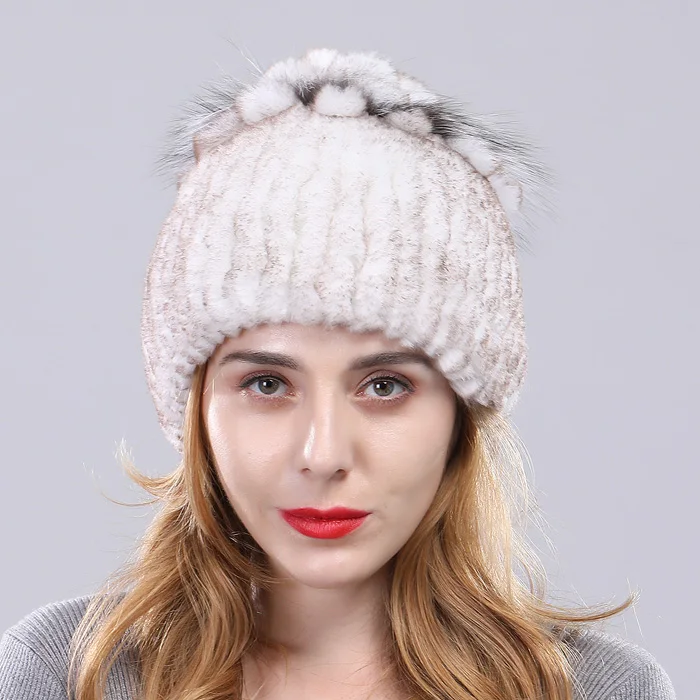 Women Real Rex Rabbit Fur Hats Lady Handmade Knitted Striped Genuine Rex Rabbit Fur Cap Winter Warm Fashion Fur Beanies - Цвет: Color 8