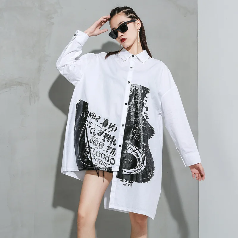 

Casual High Street Loose Irregular Cardigan Printing Long Sleeve Shirt For Women Letter Printing Loose Blouse And Tops Female