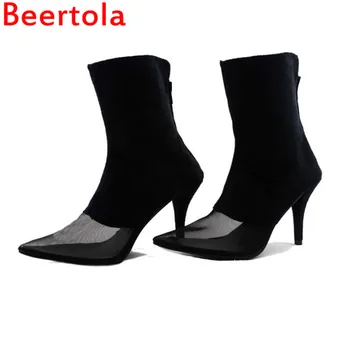 

Mesh Flock Translucent Women's Pumps Pointed Toe Zipper Black Color Ladies High Heels Shoes Party Wedding Women 35-40 Size