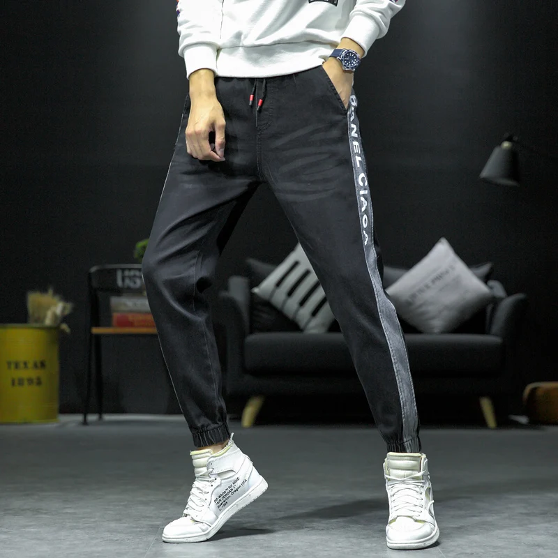 Great Value Men's Casual Autumn Denim Cotton Hip Hop Loose Work Long Trousers Elastic band Jeans Ankle pants men jeans slim fit Cotton