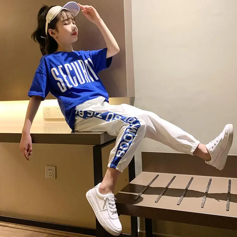 2 Pieces Tracksuit Size 4 6 8 10 12 Years Summer Girls Letter Clothing Sets Kids Teenager Sports T-shirt Shorts Outfits | Детская одежда