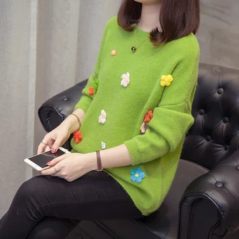 

2020 Korean Fashion Ladies Full Sleeve Women Knitting Sweater Solid Applique O-Neck Pullover And Jumper Loose Sweater Hot Sale