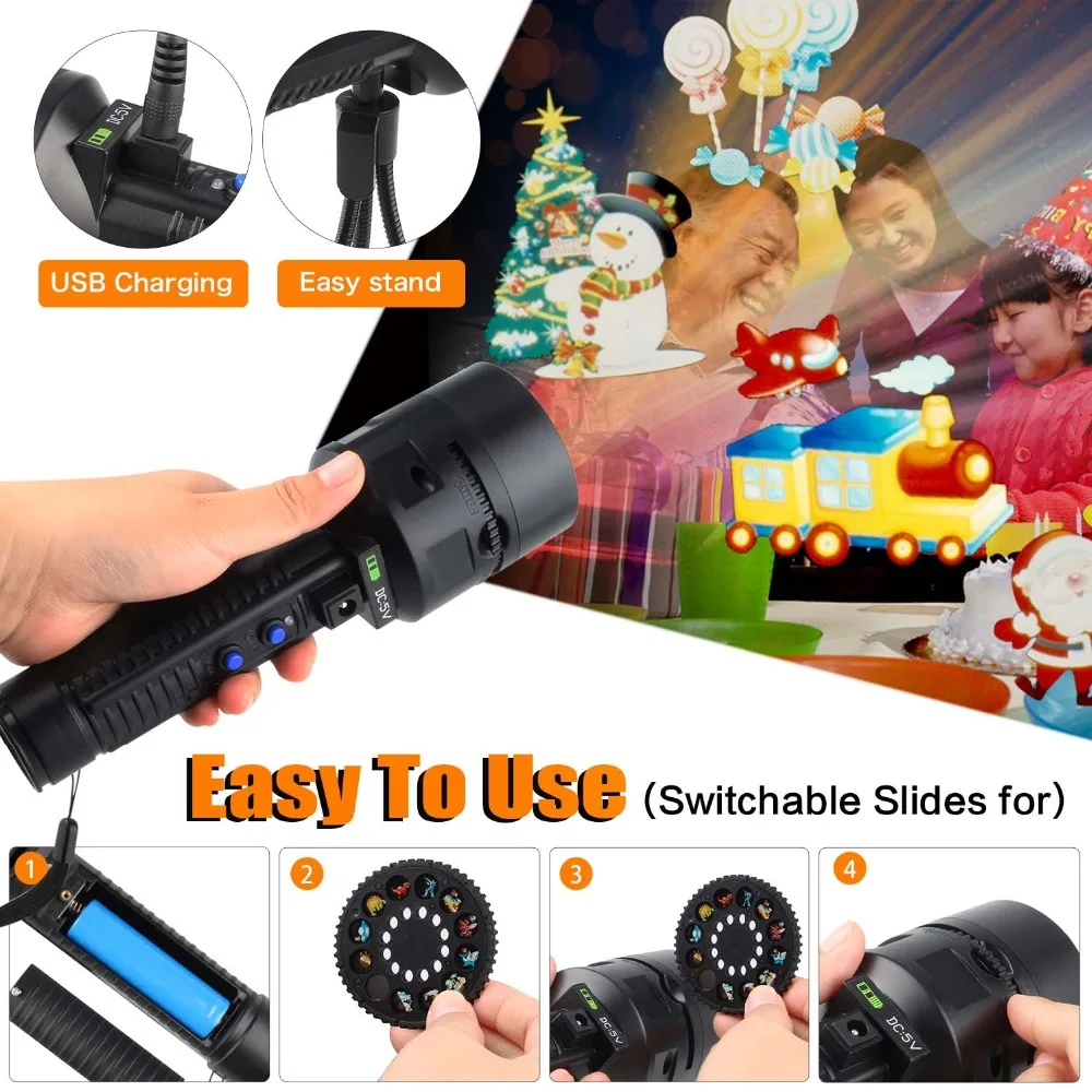 Halloween Christmas New Year LED Portable Flashlight Animation Lamp Animation Film Projection Lamp+ 18650 battery For At Play